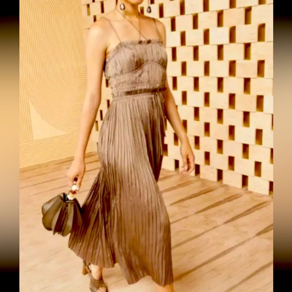 Ulla Johnson Women's Beverage Brown Crinkle Satin MIDI Dress Size 2